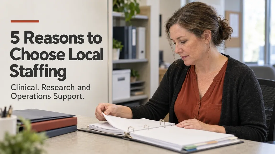 A research coordinator reviews a binder at an office desk, with text about five reasons to choose local staffing for clinical, research and operations support.