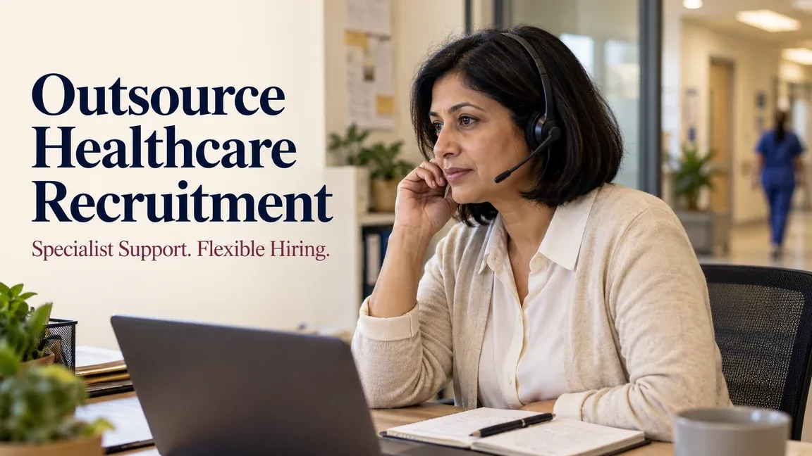 A healthcare recruiter wearing a headset works at a laptop, with text about outsourced recruitment, specialist support and flexible hiring.