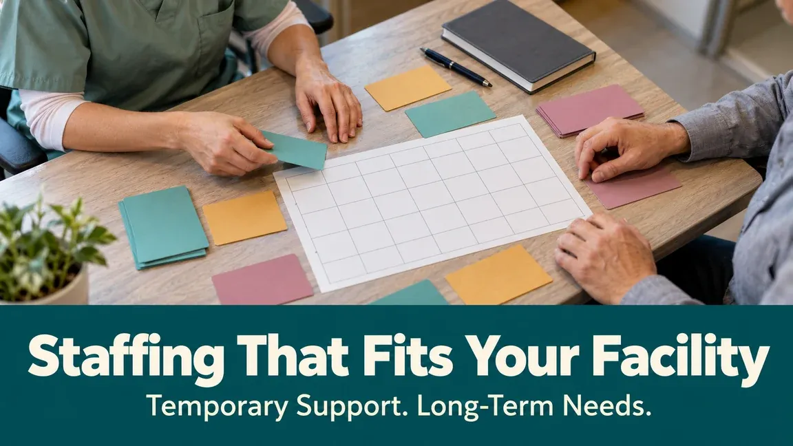 Two coworkers arrange colored coverage-planning cards beside a blank weekly grid, with text about staffing that fits a facility and temporary or long-term needs.