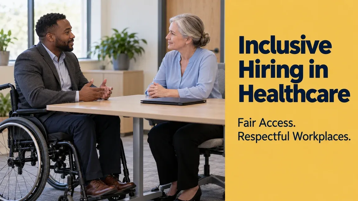 A job candidate using a wheelchair meets with a hiring manager at an accessible table, with text about fair access and respectful workplaces in healthcare.