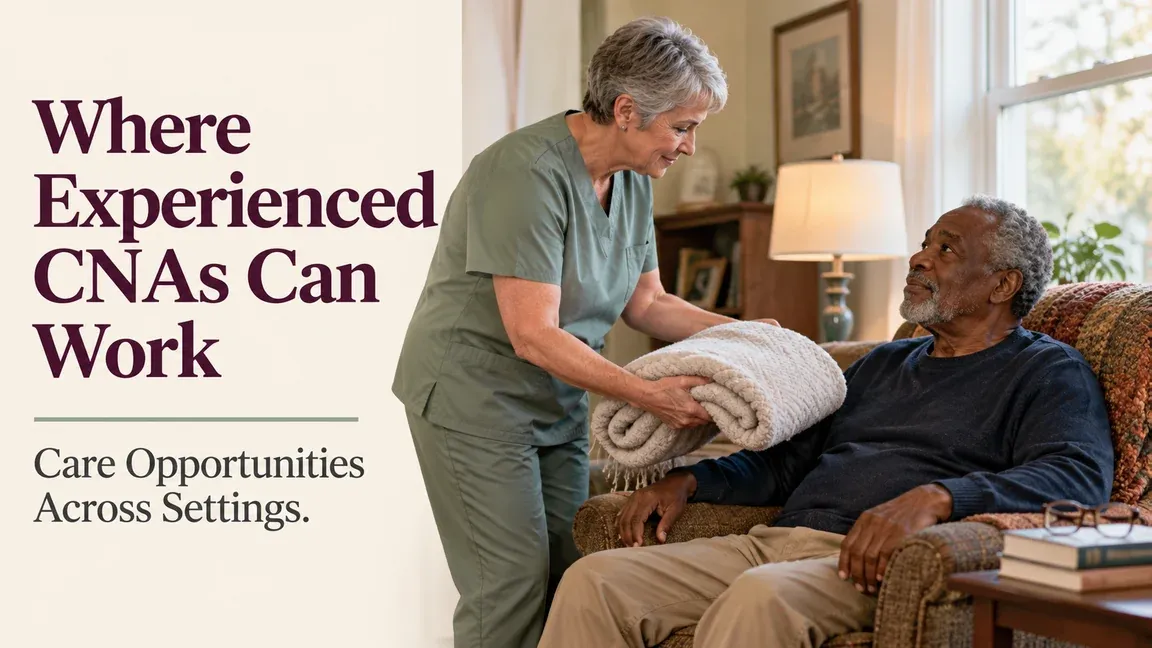 A nursing assistant offers a folded blanket to an older man at home, with text about experienced CNAs and care opportunities across settings.