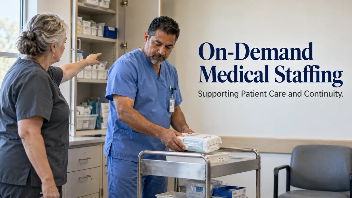 Two healthcare staff members organize sealed supplies in a clinic, with text about on-demand medical staffing, patient care and continuity.