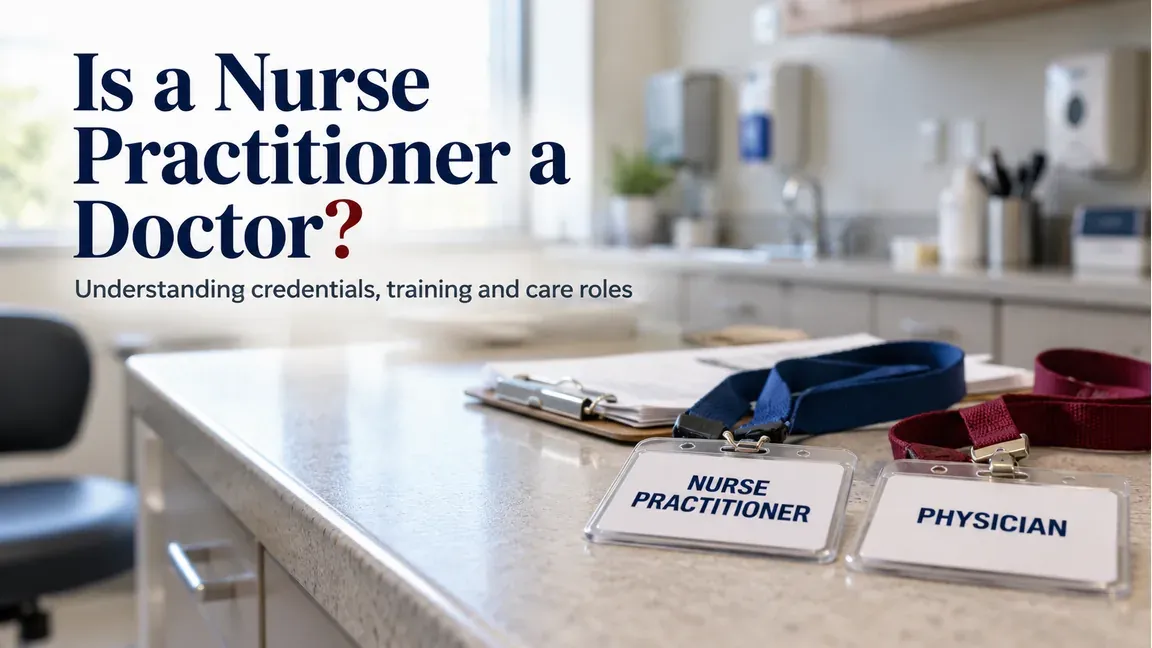 Separate nurse practitioner and physician credential badges on a clinic counter, with text about differences in credentials, training and care roles.