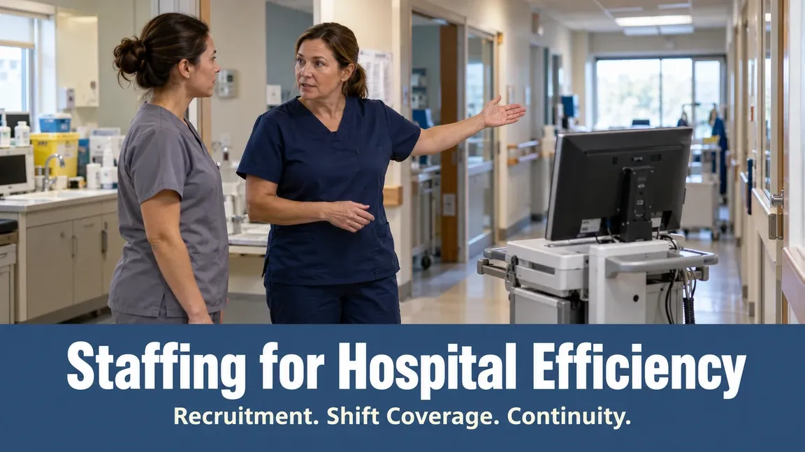 A charge nurse gives a new clinician a hospital orientation beside a workstation, with text about recruitment, shift coverage and continuity.