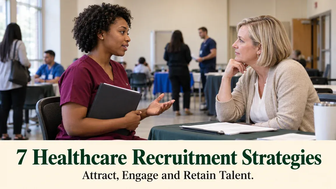 A healthcare candidate speaks with a recruiter at a career fair, with text about seven recruitment strategies to attract, engage and retain talent.