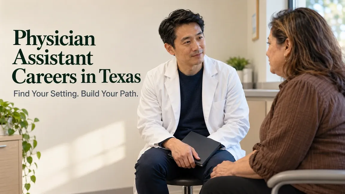 A physician assistant listens to an adult patient in a clinic, with text about finding a practice setting and building a career in Texas.