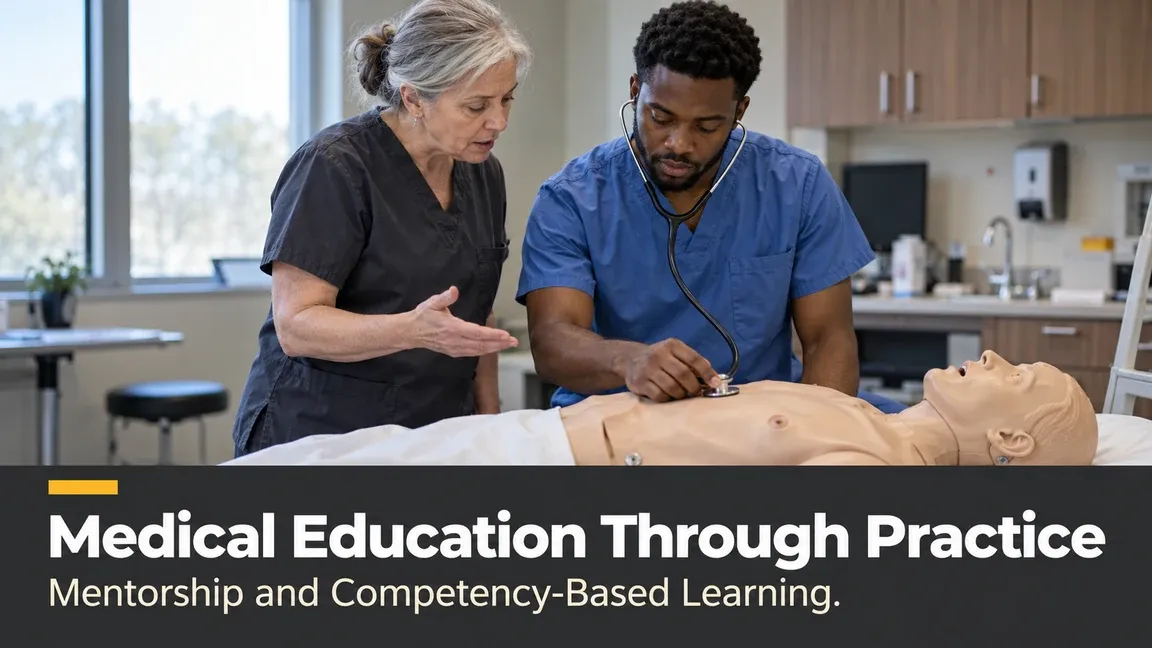 A clinician mentors a resident using a stethoscope on a training manikin, with text about medical education, mentorship and competency-based learning.