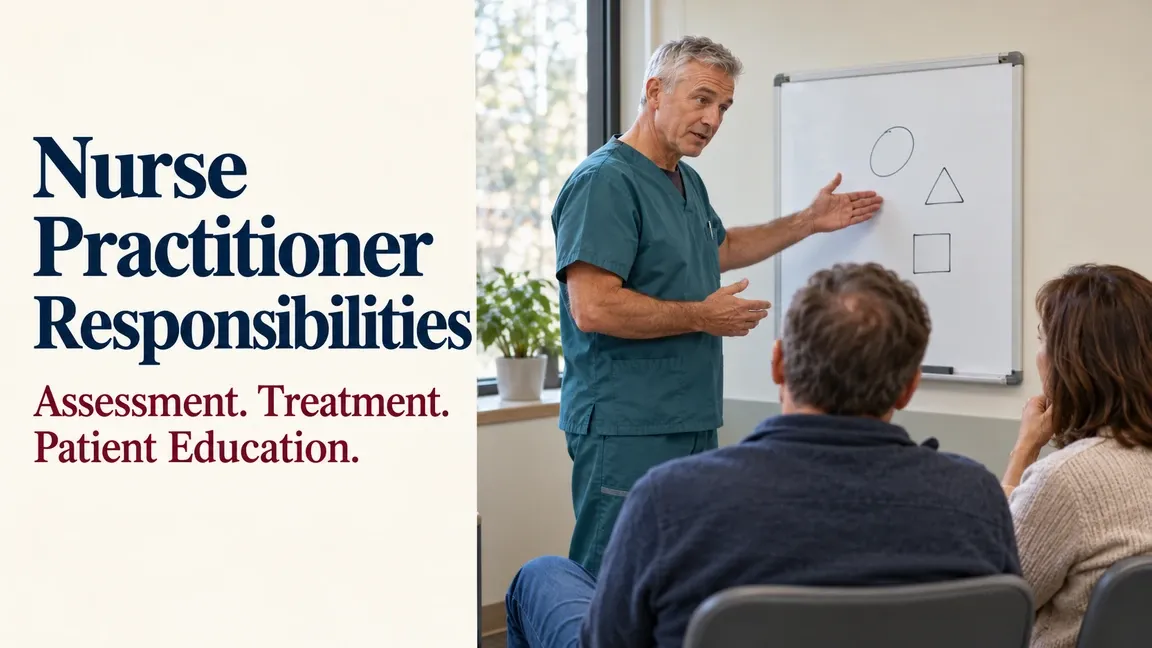 A nurse practitioner leads a patient and caregiver education discussion beside a whiteboard, with text about assessment, treatment and patient education responsibilities.