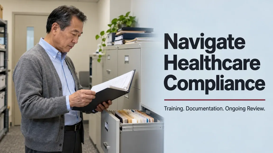 A healthcare compliance coordinator reviews a binder beside filing cabinets, with text about training, documentation and ongoing review.