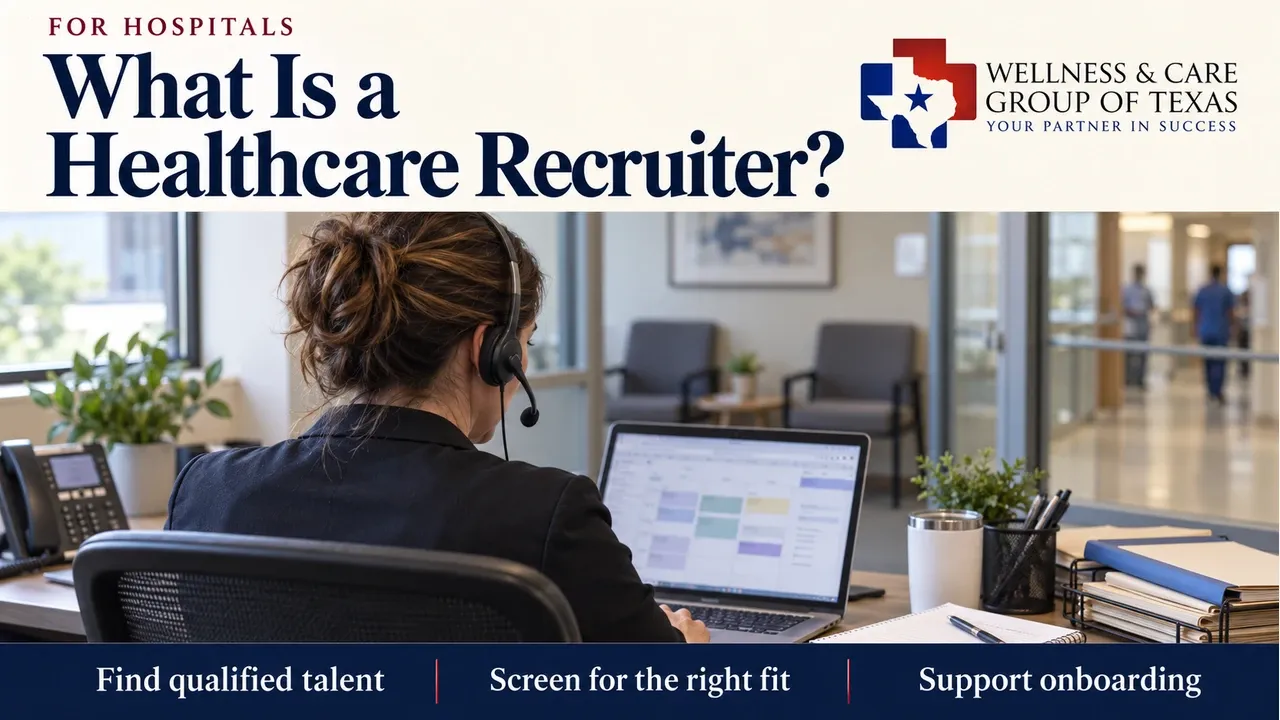 A hospital recruiter uses a headset and interview calendar, with text about finding qualified talent, screening candidates and supporting onboarding.