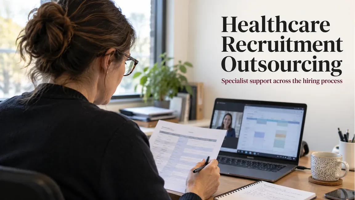 An HR coordinator reviews an interview schedule during a video call with a recruitment partner, with text about healthcare recruitment outsourcing.