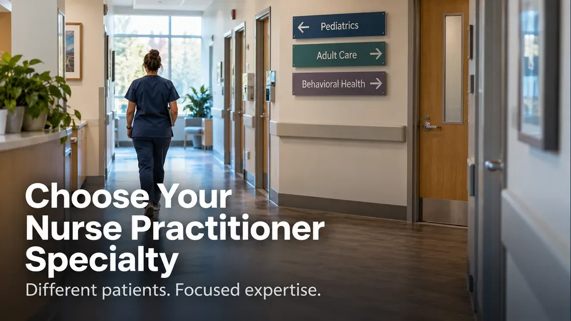 A practitioner walks through a clinic toward signs for pediatrics, adult care and behavioral health, with a headline about choosing a nurse practitioner specialty.