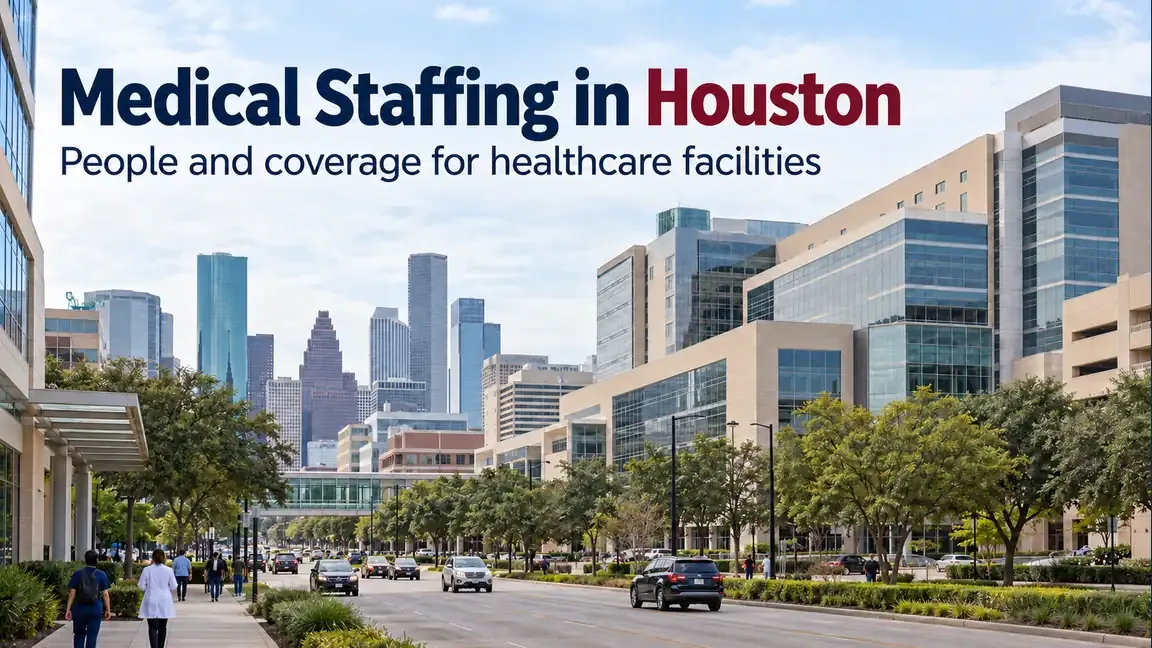 An urban medical district with hospital buildings and a distant Houston skyline, with text about medical staffing and facility coverage in Houston.