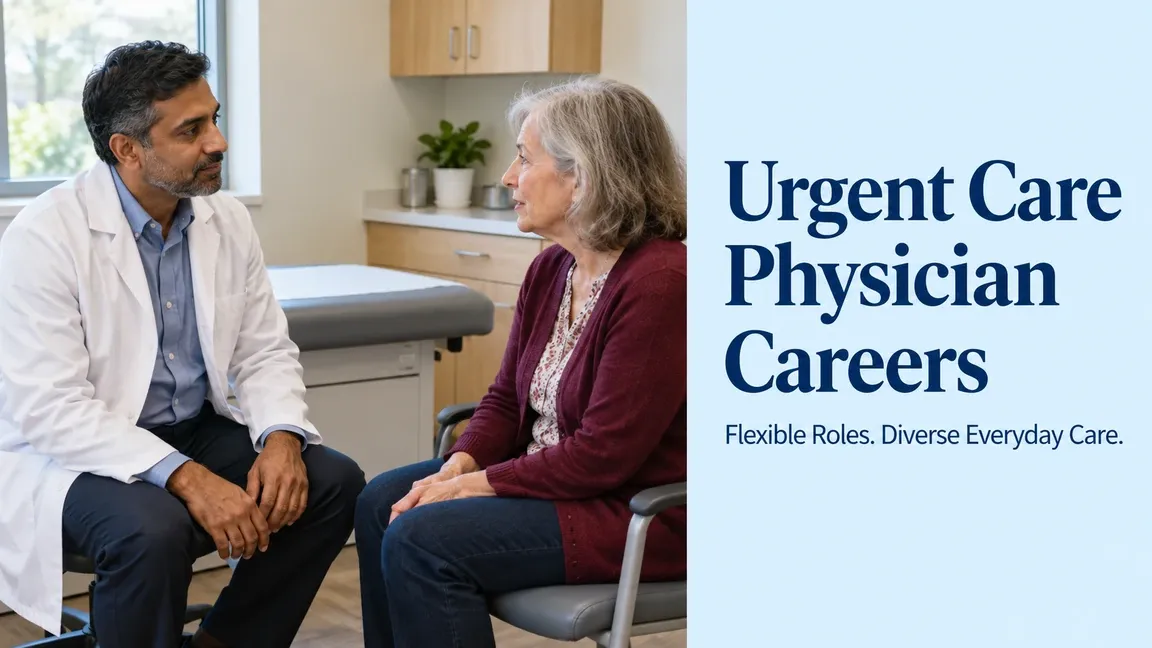 A physician listens to an adult patient in an urgent-care consultation room, with text about flexible physician roles and diverse everyday care.