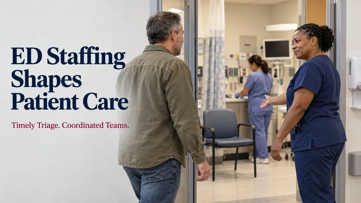 A nurse welcomes a patient into an emergency department care area, with text about staffing, timely triage and coordinated teams.