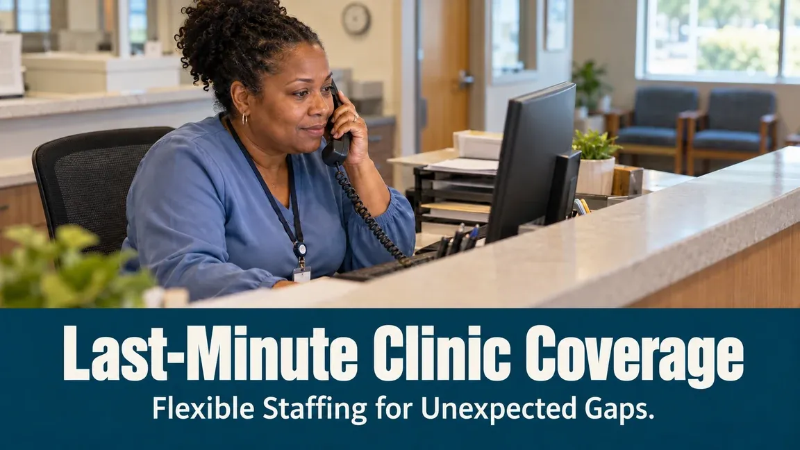 A clinic coordinator speaks on the phone beside a computer, with text about flexible staffing for unexpected coverage gaps.