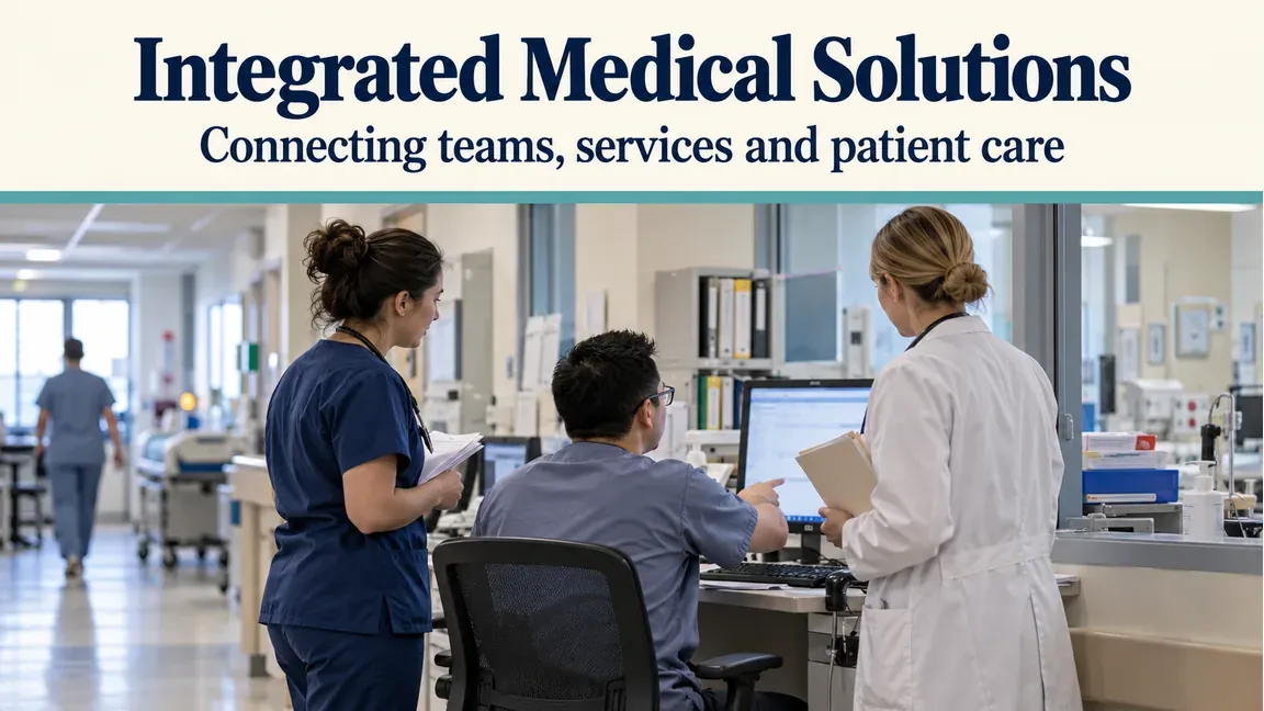 Hospital staff coordinate care at a clinical workstation, with text about connecting teams, services and patient care through integrated medical solutions.