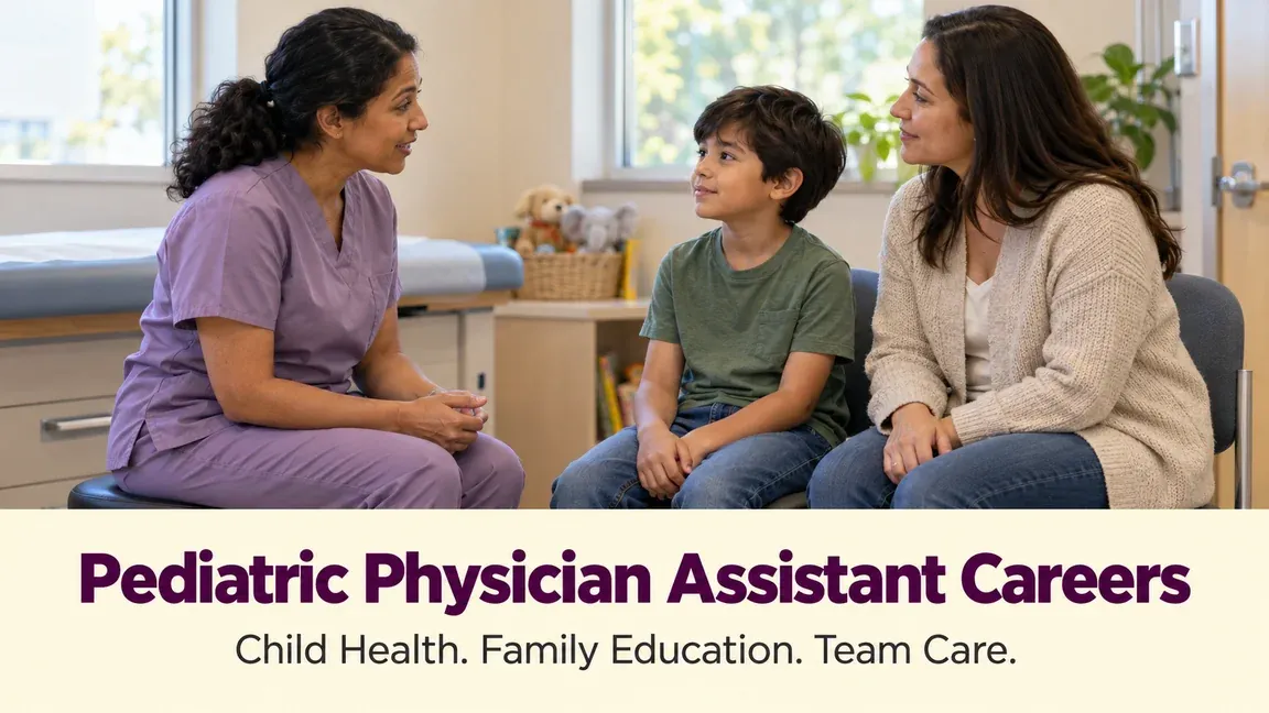 A pediatric physician assistant talks with a child and mother, with text about child health, family education and team care.