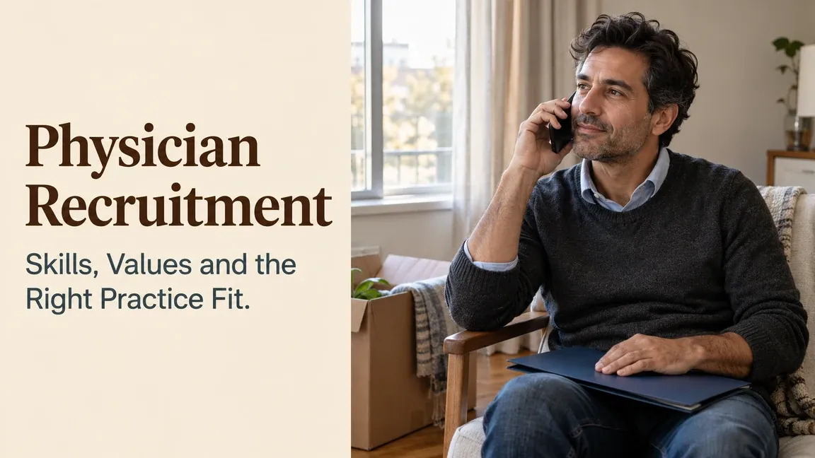 A physician candidate takes a phone call in a partly unpacked home, with text about skills, values and finding the right practice fit.