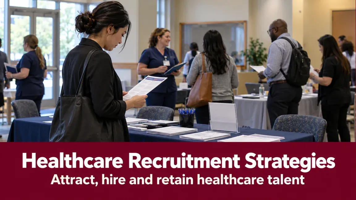 Candidates review information and speak with recruiters at a healthcare career event, with text about attracting, hiring and retaining healthcare talent.