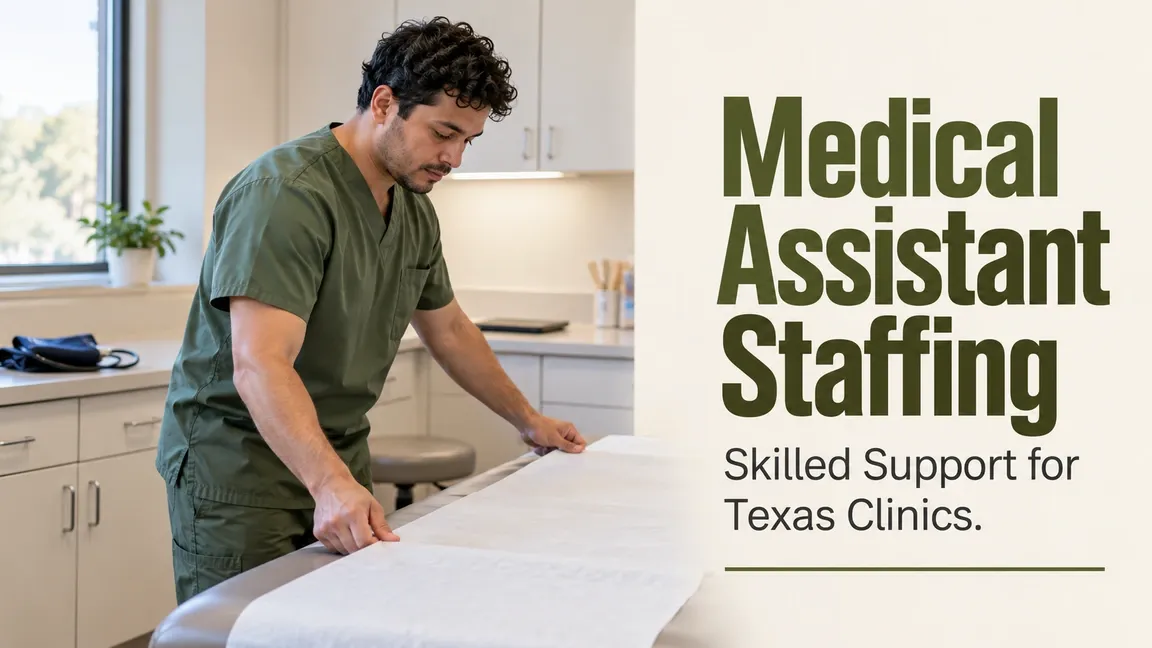 A medical assistant in olive scrubs prepares an examination table, with text about skilled support for Texas clinics.