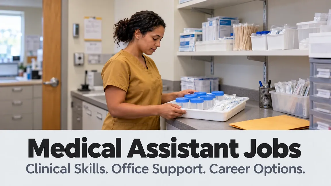 A medical assistant checks a tray of sealed empty collection containers, with text about clinical skills, office support and career options.