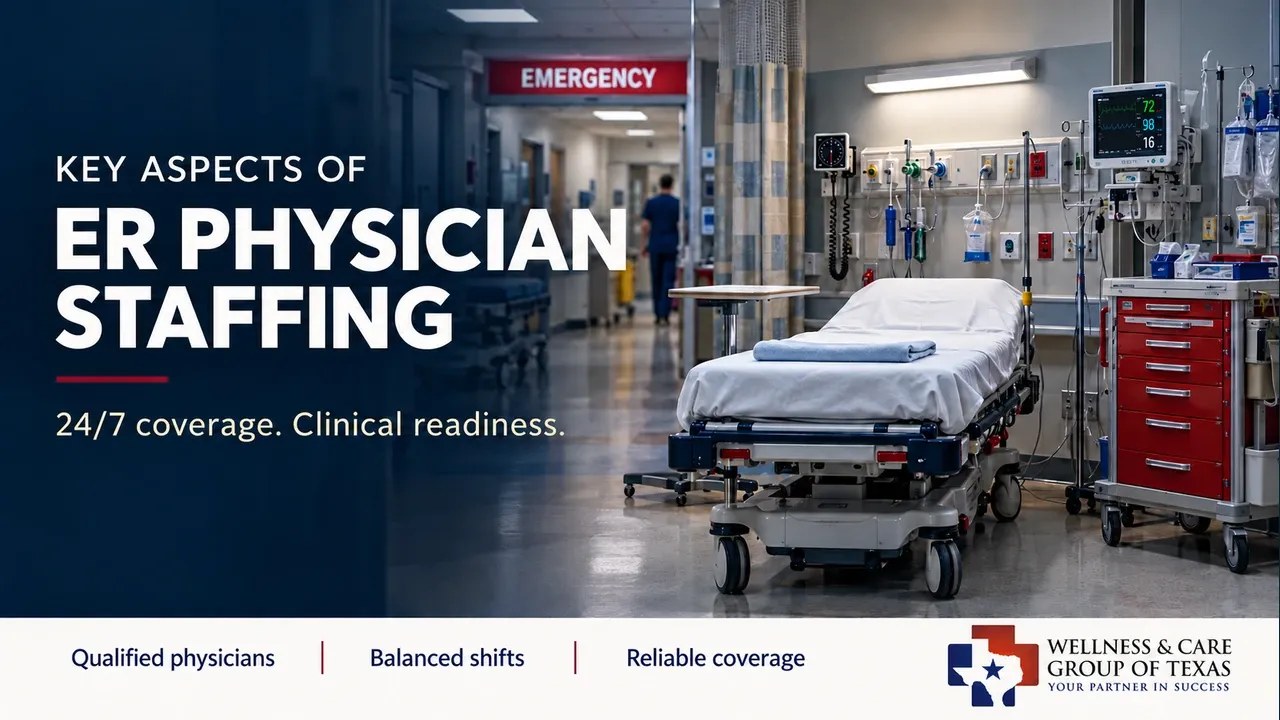 ER physician staffing cover showing an equipped emergency treatment bay with text about 24/7 coverage, qualified physicians and balanced shifts.