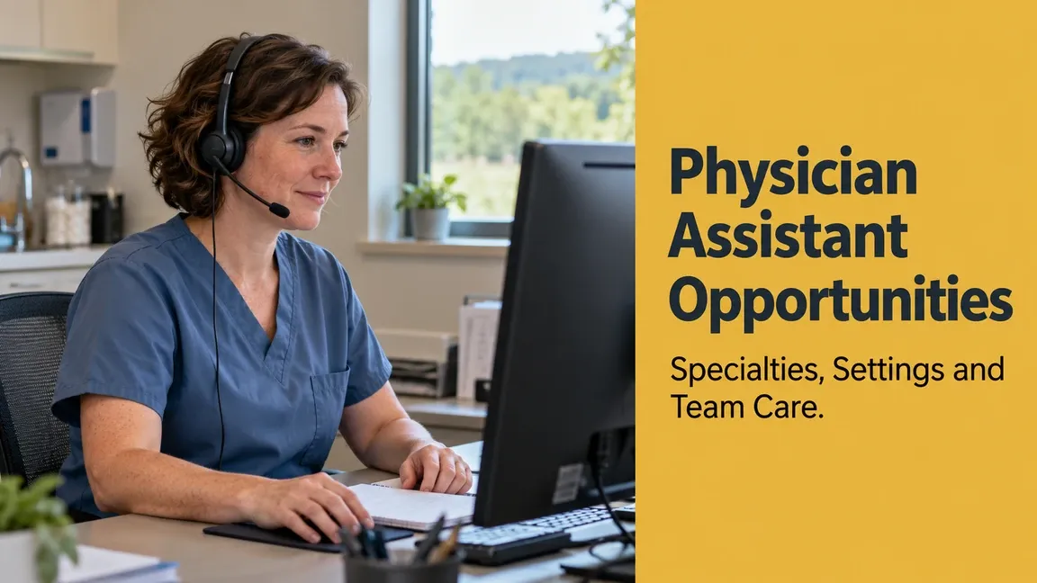 A physician assistant wearing a headset works at a rural clinic computer, with text about specialties, settings and team care.